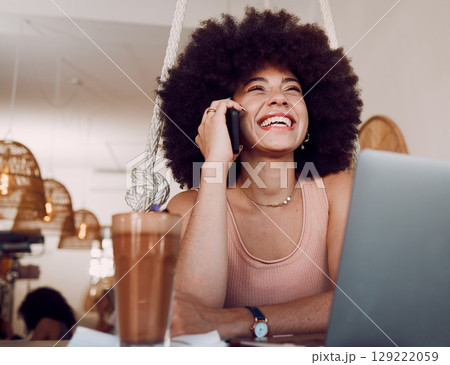 Phone call, laptop and freelance woman in cafe with smile while talking and doing internet research for article. Freelancer, writer or journalist on phone interview for online project in coffee shop. Phone call, laptop and freelance woman in cafe with smile while talking and doing internet research for article. Freelancer, writer or journalist on phone interview for online project in coffee shop. 129222059