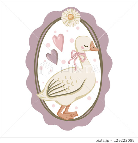 Vintage cute goose design with bow and heart on wavy background. White and purple color in a romantic coquette cottagecore style. Ideal for greeting card or invitation. Great for print and poster. 129222089