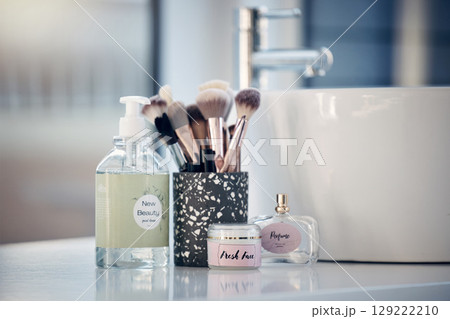 Bathroom product, beauty brush and makeup equipment morning routine, self care treatment or facial cleaning. Spa salon, dermatology and container of luxury skincare cosmetics for healthcare wellness 129222210