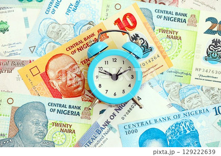 Nigerian naira currency money bills and alarm clock. The concept of time management and income 129222639