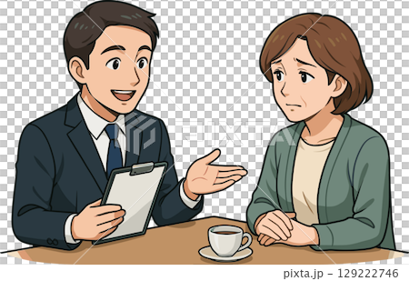 Illustration of a man in a suit and a housewife talking 129222746