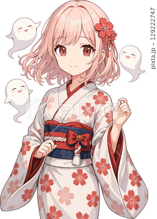 ピンク髪の幽霊を纏った着物 美少女のイラスト 129222747