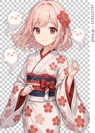 ピンク髪の幽霊を纏った着物 美少女のイラスト 129222747