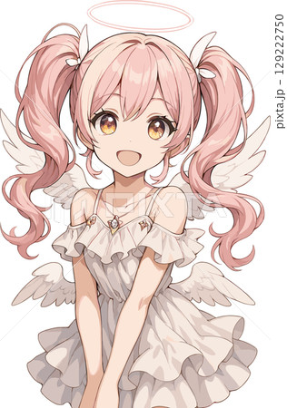 ピンク髪のツインテールの美少女天使のイラスト 129222750