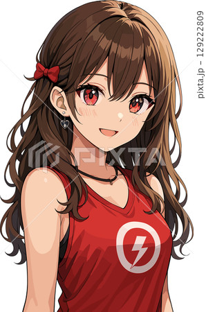 赤のタンクトップの茶髪美女のイラスト 129222809