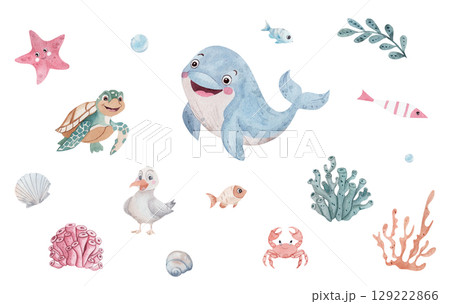 Watercolor set with sea creatures: blue whale, turtle, pink starfish, friendly seagull, sea crab. Illustrations for a child's room, marine theme, white background 129222866