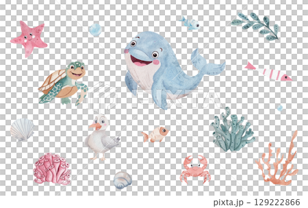 Watercolor set with sea creatures: blue whale, turtle, pink starfish, friendly seagull, sea crab. Illustrations for a child's room, marine theme, white background 129222866