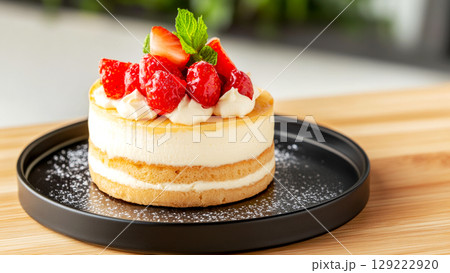 Strawberry shortcake topped with fresh cream and mint on a black plate Strawberry shortcake topped with fresh cream and mint on a black plate 129222920