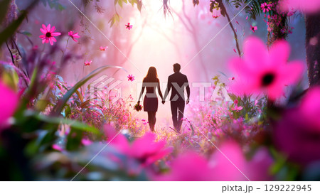 Couple holding hands in a dreamy, flower-filled forest 129222945