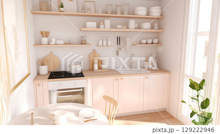 Bright kitchen showcasing simplicity and elegance with open shelving 129222946
