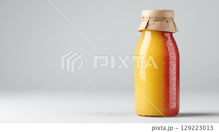 Colorful Fresh Juice in a Glass Bottle with a Paper Lid 129223013