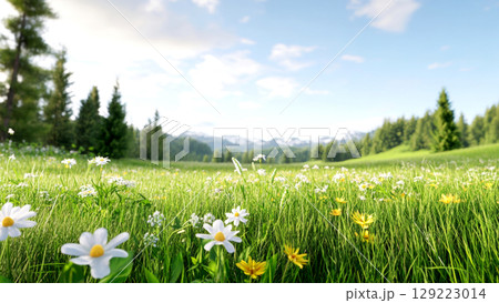 Vibrant wildflowers bloom under a clear blue sky in a lush green meadow Vibrant wildflowers bloom under a clear blue sky in a lush green meadow 129223014