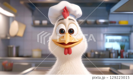 Cheerful cartoon chicken chef in a bright kitchen setting 129223015