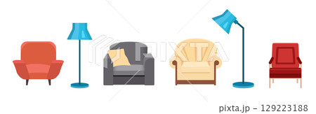 Set different lamp and armchair isolated on white. Set different lamp and armchair isolated on white. 129223188