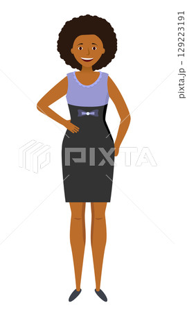 Surprised african american woman. in a black and blue dress 129223191