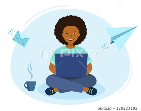 concept An email. Girl writes an email. African-American black ladies. 129223192