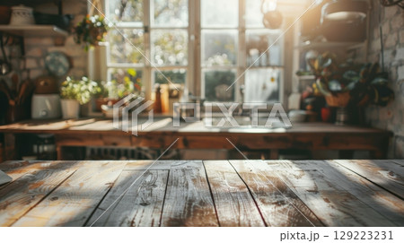 Wooden table top with blurred kitchen background for cooking inspiration and home decor 129223231