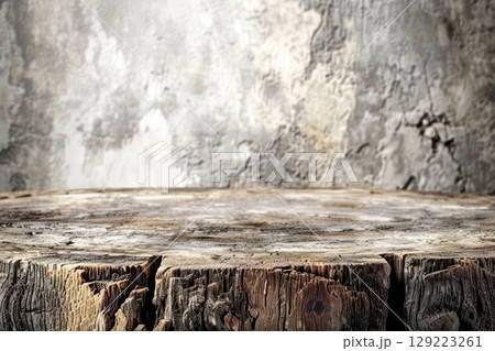 Abstract shadow of circular wooden tabletop on white wall ideal for creative product mockup display 129223261