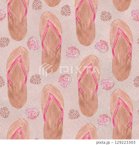 Mocha flip-flops with pink straps watercolor seamless pattern on mocha background. Hand drawn art perfect for souvenir decor and design, scrapbook, wrapping paper. Summer vacations. Beach clip art Mocha flip-flops with pink straps watercolor seamless pattern on mocha background. Hand drawn art perfect for souvenir decor and design, scrapbook, wrapping paper. Summer vacations. Beach clip art 129223303