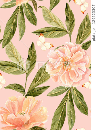 Coral peonies, green leaves, cream butterflies watercolor floral seamless pattern on pink background. Hand-painted perfect for wedding invitations, cards, gift wrap, fabric, romantic stationery design 129223307