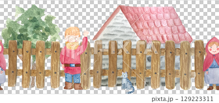 Wooden fence, stone house, cheerful man waving, girl, a striped cat sitting on the fence. Watercolor seamless border isolated on white. Hand-painted scene perfect for children designs, storybook Wooden fence, stone house, cheerful man waving, girl, a striped cat sitting on the fence. Watercolor seamless border isolated on white. Hand-painted scene perfect for children designs, storybook 129223311
