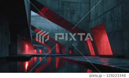 Futuristic Concrete Architecture with Red Lighting Reflections on Water Surface 129223348