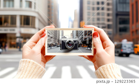 Tourist is taking photos in new york city using a vintage camera and smartphone 129223365