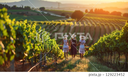 Peasants harvesting grapes in traditional attire, walking through vineyards amid nature and work 129223452