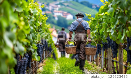 Peasants in traditional attire harvest grapes, walking vineyard path, immersed in nature and work 129223453