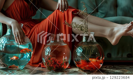 Woman in Red Dress, Goldfish in Glass Bowls, Artistic Theme of Home Comfort and Tranquility Woman in Red Dress, Goldfish in Glass Bowls, Artistic Theme of Home Comfort and Tranquility 129223684