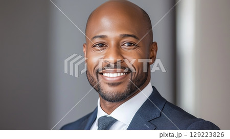 Smiling businessman in suit exuding confidence and professionalism 129223826