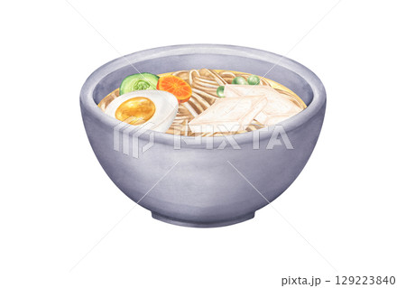 Watercolor illustration of Asian noodle bowl with tofu, boiled egg, carrots, cucumber, green peas and clear broth on isolated background. Hand painted ramen soup for healthy food blogs, vegan recipe. 129223840