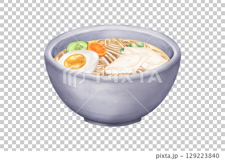 Watercolor illustration of Asian noodle bowl with tofu, boiled egg, carrots, cucumber, green peas and clear broth on isolated background. Hand painted ramen soup for healthy food blogs, vegan recipe. 129223840