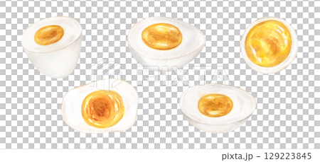 Boiled egg halves in different angles watercolor illustration clip art on isolated white background. ingredient set for healthy food blogs, breakfast recipes, restaurant menus and meal prep packaging 129223845