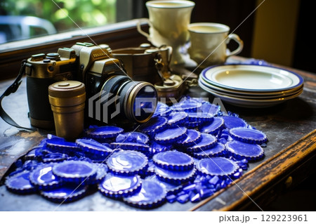 Vintage camera on rustic kitchen table among assorted kitchen utensils and cookware items Vintage camera on rustic kitchen table among assorted kitchen utensils and cookware items 129223961