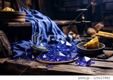 Magician arranging mystical accessories on table for captivating magical ritual performance Magician arranging mystical accessories on table for captivating magical ritual performance 129223962