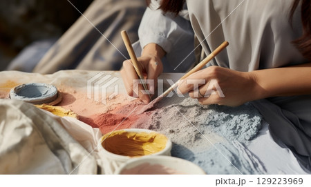 Artists hands skillfully mixing various dry paints before preparing them for use Artists hands skillfully mixing various dry paints before preparing them for use 129223969