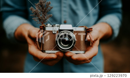 Photographer holding vintage film camera, retro concept image for sale on photo stock Photographer holding vintage film camera, retro concept image for sale on photo stock 129223970