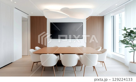 Stylish meeting space featuring a large table and contemporary decor 129224133