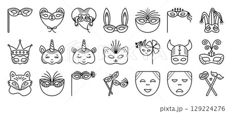 Masquerade masks black line icon set with dots, 21 monochrome vector signs 129224276