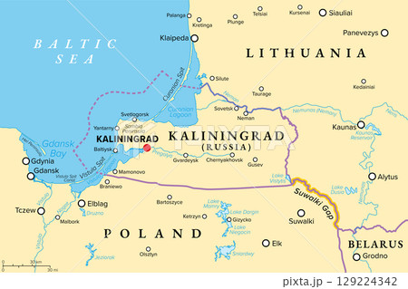 Kaliningrad and vicinity, political map. Kaliningrad Oblast, exclave and westernmost federal subject of Russia, on the Baltic Sea, between Lithuania and Poland. With strategic choke point Suwalki Gap. 129224342