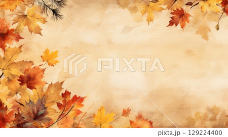 Abstract autumn background with fall-colored maple leaves and floral decorations 129224400