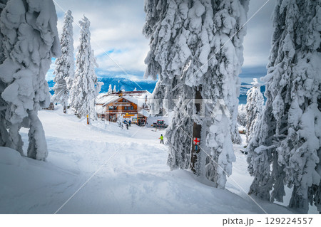 Snow covered winter scenery and skiers near fabulous wooden chalet 129224557