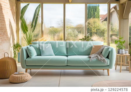 Elegant Scandinavian Living Room with Mint Sofa and Designer Furnishings 129224578