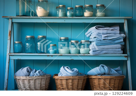 Interior of light laundry room with shelving unit with laundry box and detergents Interior of light laundry room with shelving unit with laundry box and detergents 129224609