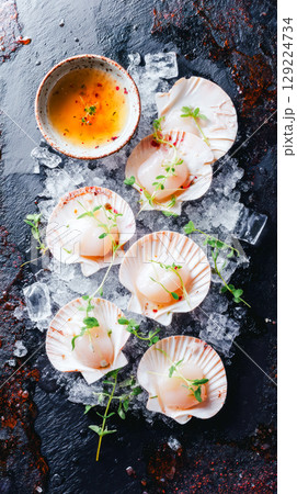 Fresh Scallops On Ice With Spicy Dipping Sauce And Microgreens. Concept Of Seafood Gourmet, Coastal Cuisine, Premium Restaurant Menu, And Cold Raw Appetizers For Culinary Visual Content 129224734