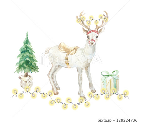 Christmas deer decorated with a garland of yellow burning lights, a fir tree and a box with a gift watercolor illustration isolated. Hand drawn pastel New Year clip art for creating beautiful cards. 129224736