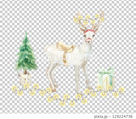Christmas deer decorated with a garland of yellow burning lights, a fir tree and a box with a gift watercolor illustration isolated. Hand drawn pastel New Year clip art for creating beautiful cards. 129224736