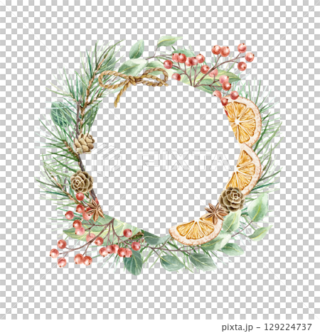 Christmas frame with dried oranges, fir branches, cones, sprigs of red berries, eucalyptus watercolor illustration isolated. Hand drawn pastel New Year clip art for creating beautiful cards. 129224737