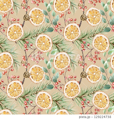 Christmas seamless pattern with dried oranges, fir branches, cones, eucalyptus, sprigs of red berries. Hand drawn pastel New Year clip art for creating beautiful wrapping paper and textiles. 129224738